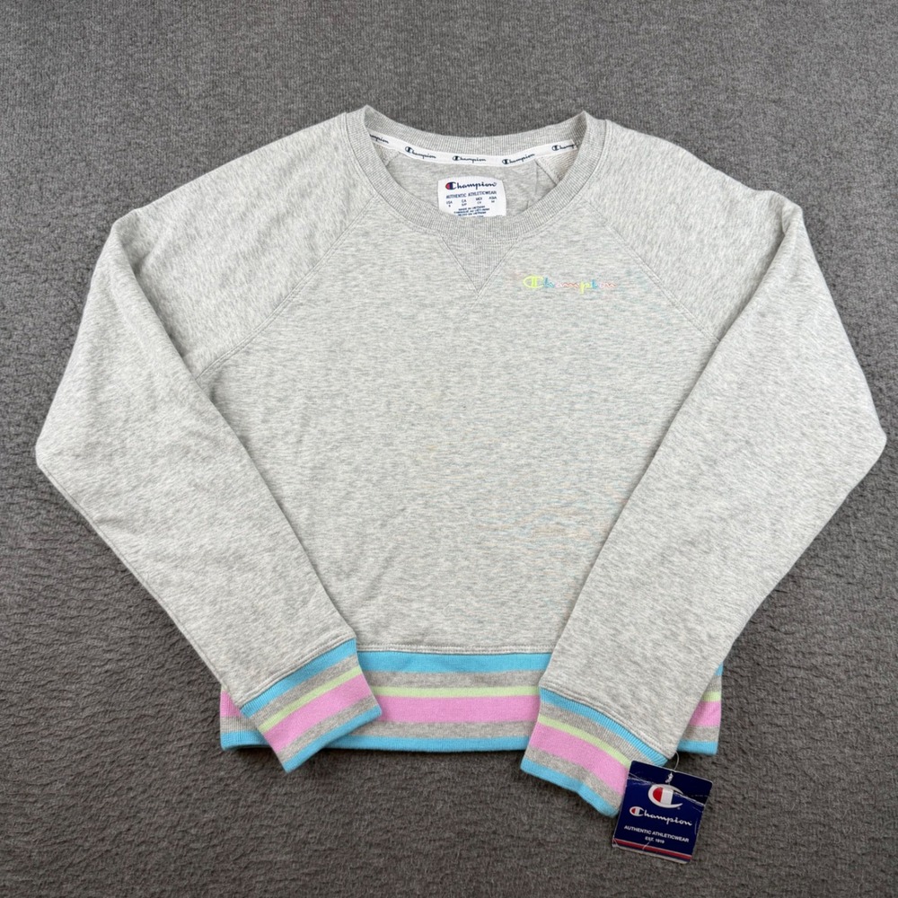 Champion Sweatshirt Womens S Gray Rainbow Logo Striped Trim W5670